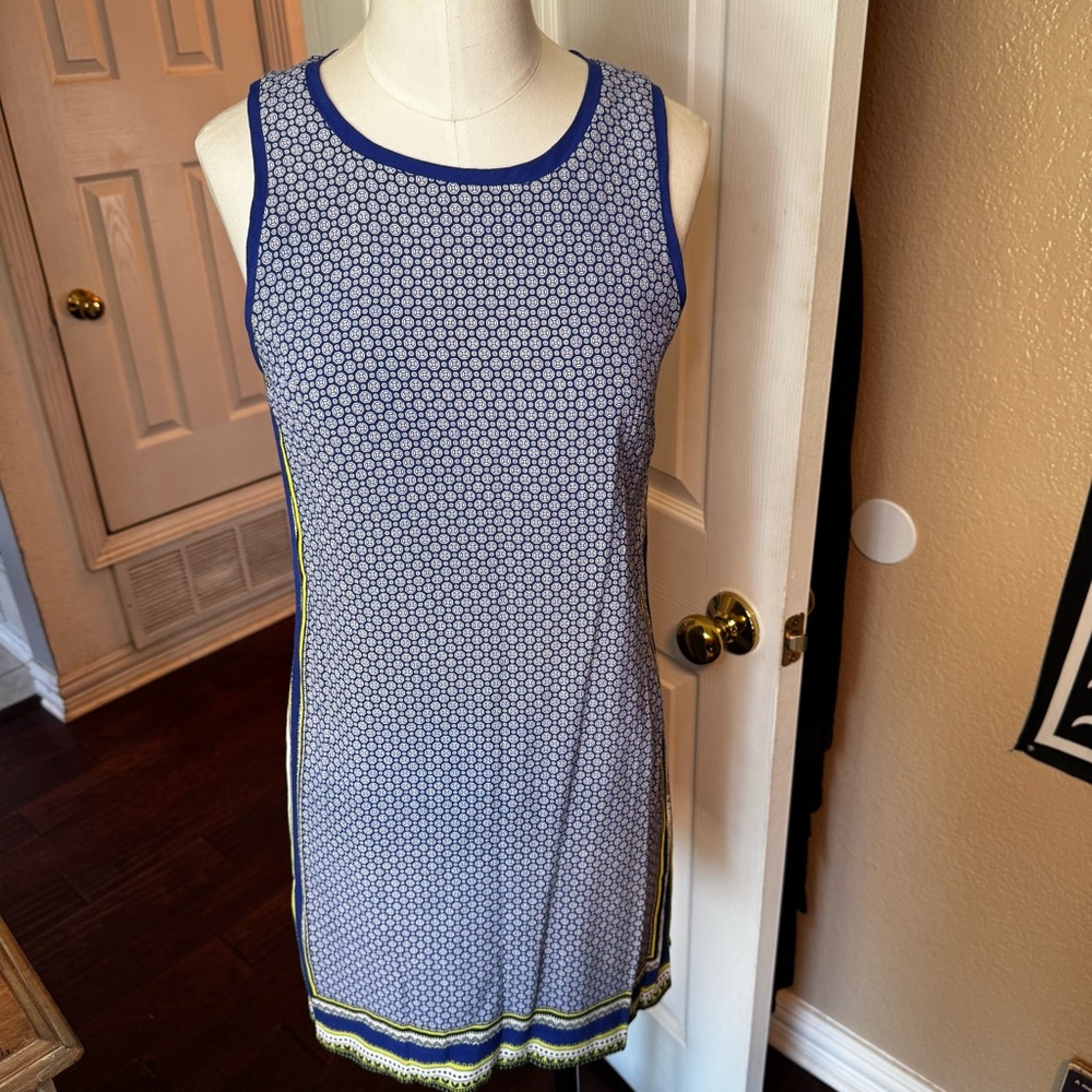 Comptoir Des Cotonniers Blue Dress with White Accents lime green pop of color